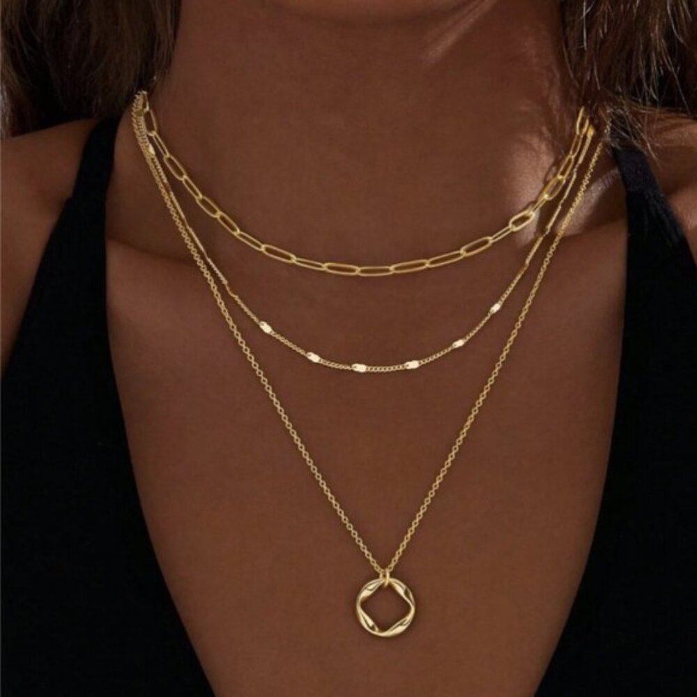 3-Layer 18K Gold Filled Necklace Set with Geometric Pendant